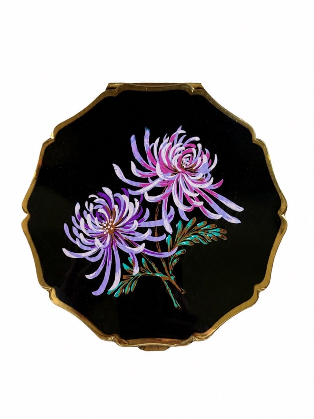 Vintage Mid Century Stratton Black Enamel Chrysanthemum Scalloped Compact